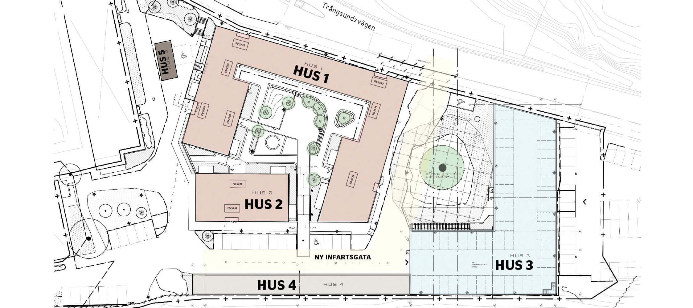 Karta över området med huskroppar utmärkta