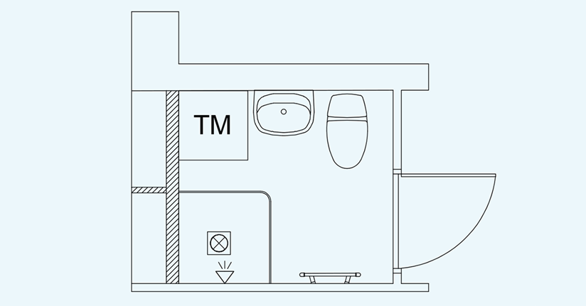 Planlösning för badrum i lägenheter två rum och kök på Sjödalstorget 3 A-B och Kommunalvägen 14-16.