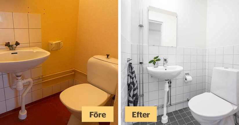 toalett före och efter renoveringen